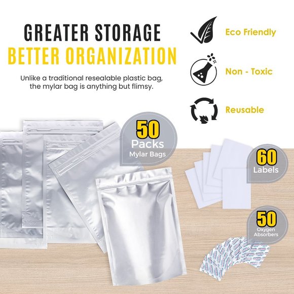 50pcs Mylar Bags 1 Gallon 10 Mil Thick w/ Oxygen Absorbers 500cc Food St… - Picture 3 of 14